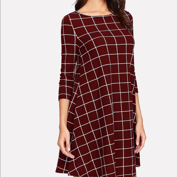 2 Left! Burgundy Windowpane Swing Dress - Picture 3 of 6